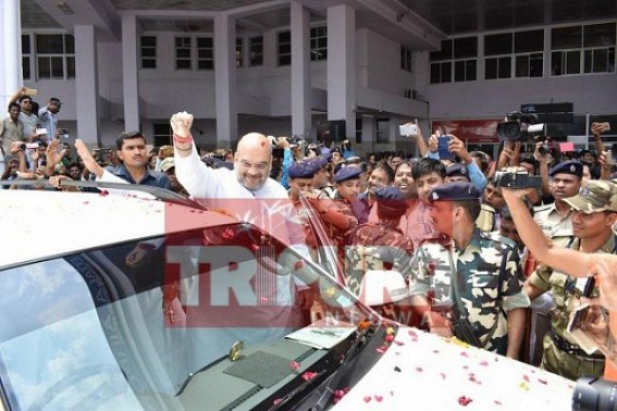 Mission 2018 : Swearing to end CPI-M's regime in Tripura, BJP Chief Amit Shah arrives Tripura, receives grand welcome at Agartala Airport Mission 2018 : Swearing to end CPI-M's regime in Tripura, BJP Chief Amit Shah arrives Tripura, receives grand welcome at Agartala Airport